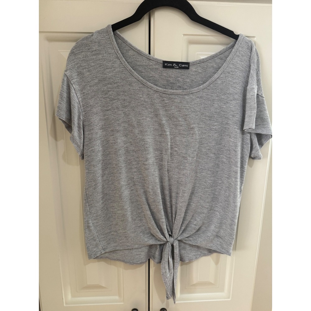 Kim & Cami Women's Gray Tie Front Short Sleeve T-Shirt Casual Top Size Small